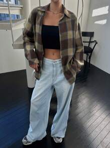 DAZY 休闲街头风格夏季宽松格子长袖翻领女衬衫，秋装，法兰绒女装 - 棕色 - 查看 4