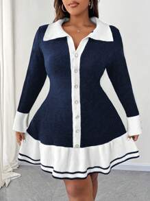 SHEIN Unity Plus Size Women Knit Color Block Sweater Dress With Ruffle Hem And Button Decor, Elegant Dress For Autumn/Winter Fall Cloth For Women - Blue - View 7