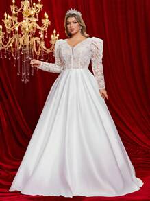 Vestido de novia de talla grande con mangas abullonadas, empañuelado de encaje y satén, y detalle de lazo en la espalda para tallas grandes - Blanco - Ver 6