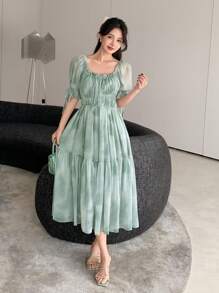 DAZY Women Square Neck Short Sleeve Ruched A-Line Midi Dress,Back To School Clothes - Green - View 6