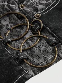 ROMWE Grunge Punk Vintage Chic Lace Patchwork Metal Chain Decor Low Waist Mini Denim Shorts - Black - View 2