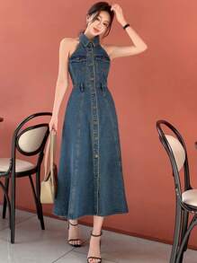 DAZY Washed Sleeveless Button Women Denim Dress