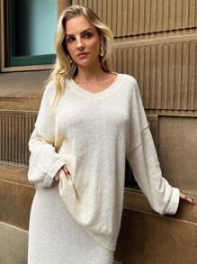 Forever 21 女士 V 领落肩长袖休闲毛衣，纯色，秋冬 - 白色 - 查看 4