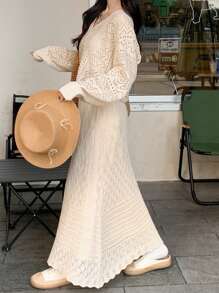 FRIFUL 2pcs Women's Set: Solid Color Button-Front Long Sleeve Hollow Minimalist Blouse And Skirt