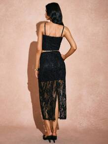 Poéselle 女式黑色半透明花卉蕾丝吊带背心和长裙两件套 - 优雅简约时尚日常穿着、情人节套装、春季两件套、性感两件套、可爱夏季两件套 - 黑色 - 查看 3