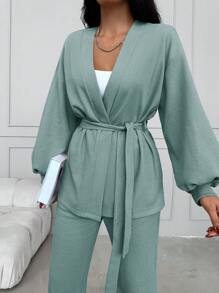 SHEIN Cottnline طقم ملابس علوية وبنطلون مع أكمام فانوس وأحزمة من القطن - اخضر زيتون - مشاهدة 6