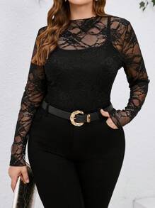 SHEIN Clasi Plus Size Women Contrast Lace Long Sleeve Fitted Fashionable Blouse - Black - View 5
