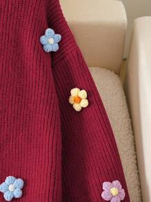 Girls' Handmade Floral Knitted Dress, Tween Girls Round Neck Long Sleeve Cute Elegant Pink Dress - Red - View 7