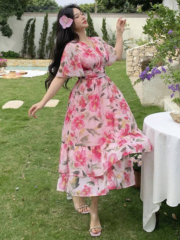 DAZY Vestido Midi Vintage Floral com Decote em V e Mangas Bufantes