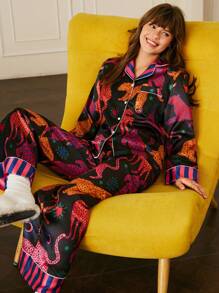 Chillnights Conjunto de pijama de mujer con estampado de leopardo y contraste de color