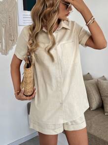 Calvaya Conjunto de 2 piezas de camisa de manga corta con bolsillo y shorts de fibra de bambú informal y básico para mujer, primavera/verano
