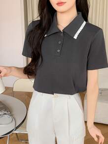 DAZY Contrast Ruffle Collar Women's Short Sleeve Casual T-Shirt - Dark Grey - View 1