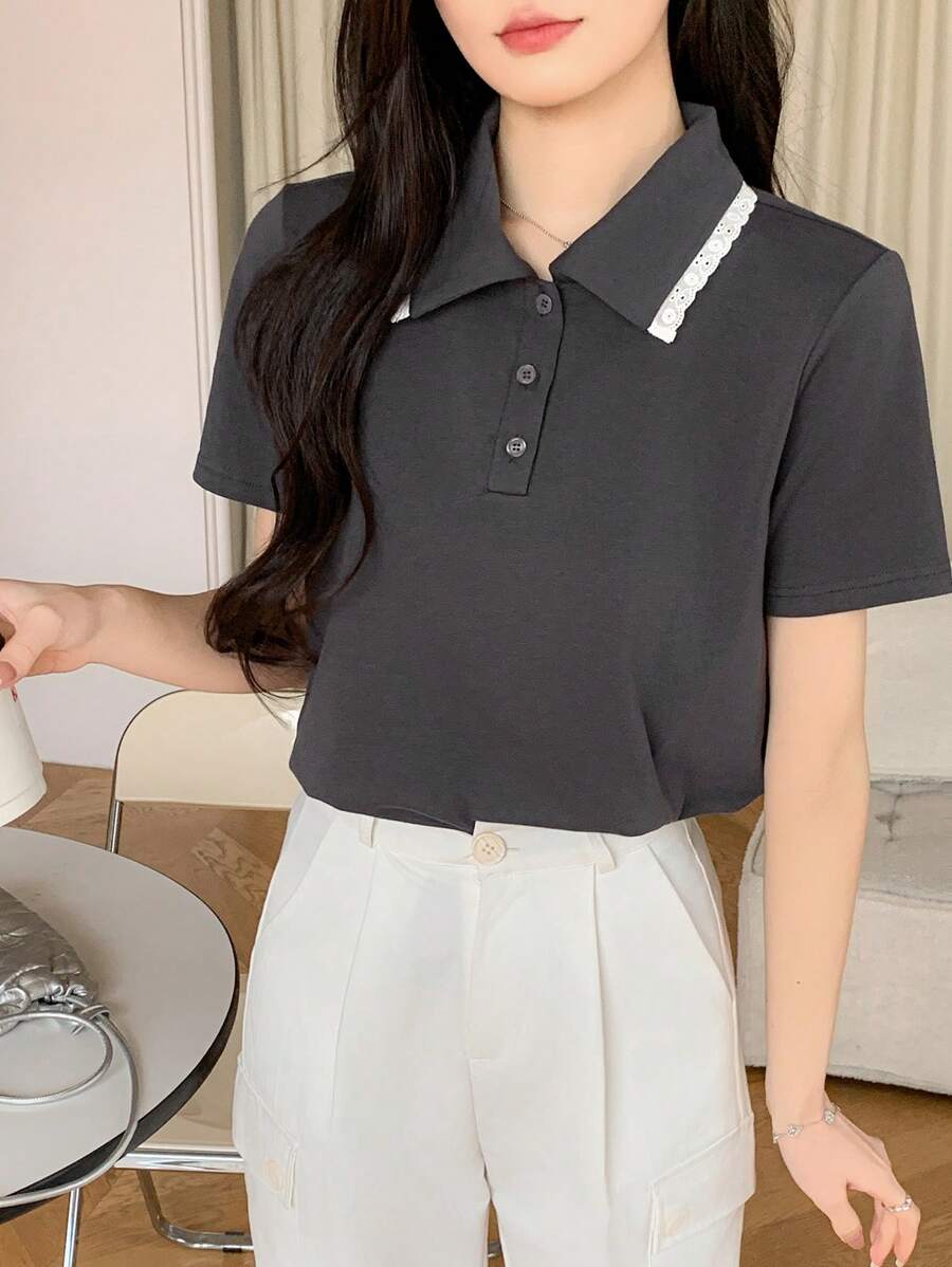 DAZY Contrast Ruffle Collar Women's Short Sleeve Casual T-Shirt - Dark Grey - View 1