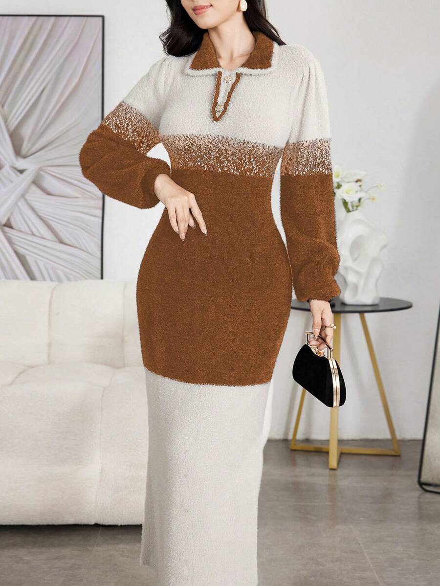 Modelyn Damska sukienka sweterkowa z długim kołnierzem i eleganckim ombre
