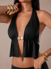 Hauture 2件套女士纯色露背简约上衣和裙子套装