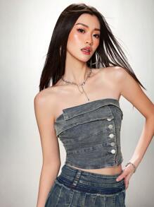 SHEIN EZwear 鈕扣開襟摺疊筒形牛仔上衣 - 中等水洗藍 - 查看 1