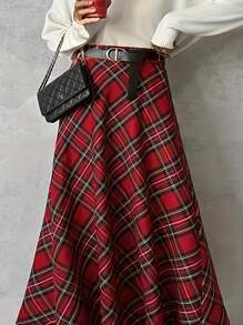 SHEIN LUNE 大码女式常规格子宽松休闲裙，红色 - 彩色 - 查看 1