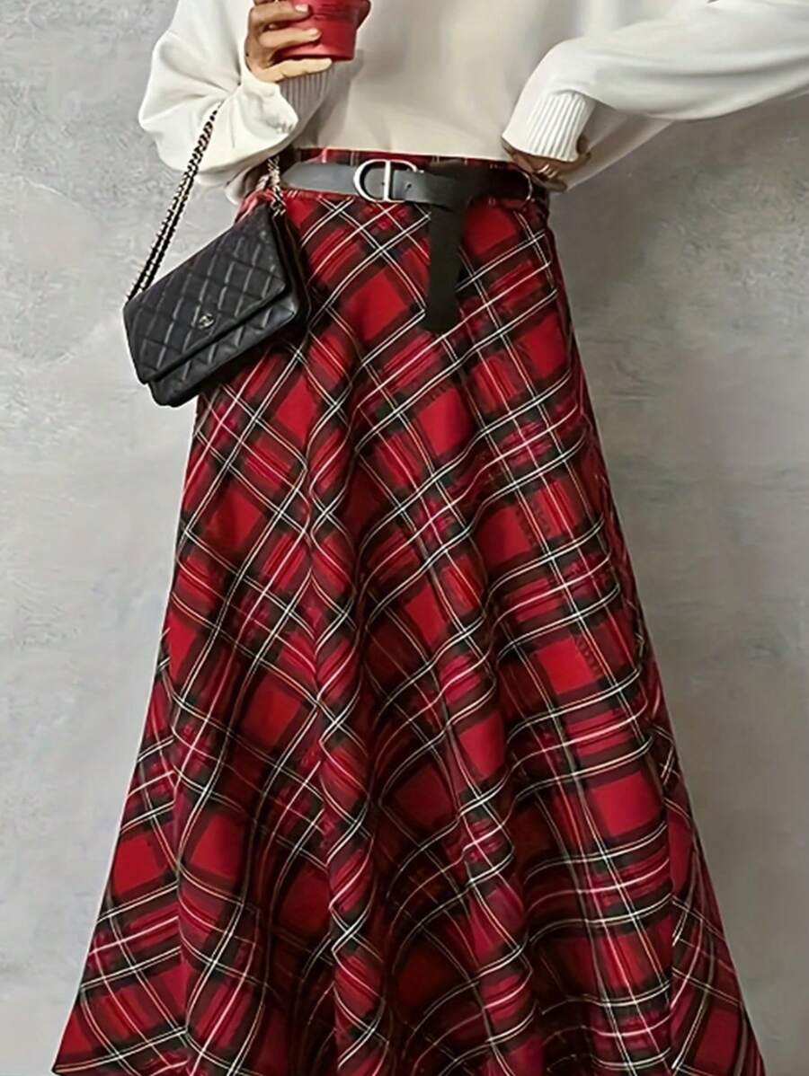 SHEIN LUNE 大码女式常规格子宽松休闲裙，红色 - 彩色 - 查看 1