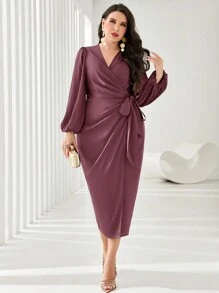 SHEIN PETITE CURVE Vestido de mujer talla grande de manga farol elegante con nudo lateral y envolvente