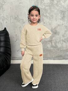 SHEIN Leap Crew 2pcs Young Girl Casual Loose Drop Shoulder Sweatshirt With Embellished And Pleated Sweatpants Set, Suitable For Home, Outdoor And School, Apricot Color, Autumn/Winter - Apricot - View 4
