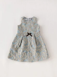 PrepCrw Young Girls' Spring/Summer Blue Jacquard Weave School Style Waist Gathered A-Line Round Neck Dress
