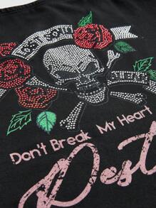 ROMWE Goth Y2K Millennium Red Leopard Print Tie-Up Patchwork Skull Rose Rhinestone T-Shirt - Black - View 3