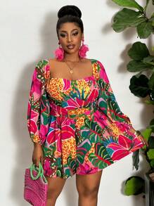 Slaydiva 大码女式热带花卉印花露肩连体裤，度假风格