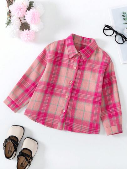 Young Girl Casual Long Sleeve Plaid Shirt Jacket, Lapel Collar Asymmetrical Hem Fashionable Blouse Suitable For Vacation, Travel, Outdoor, Spring & Autumn