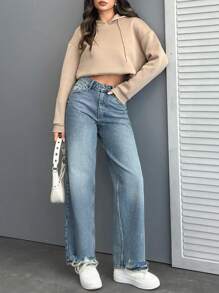 SHEIN High Waist Ripped Hem Straight Jean Simple Fashionable Daily Casual