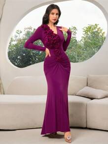 Modelyn Vestido elegante de manga larga y unicolor para mujeres con decoraciones florales en 3D y abertura lateral