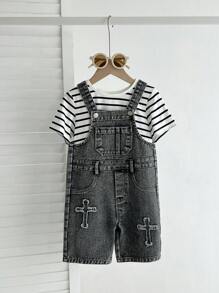 Set de 2 piezas niño (pequeño) con top casual de cuello redondo y manga corta, y pantalones tipo babero - Multicolor - Ver 7