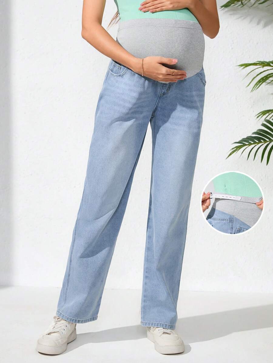 SHEIN Moderskap Tvåfärgad justerbar midja fickor med raka ben Casual jeans - Ljustvätt - Visa 1