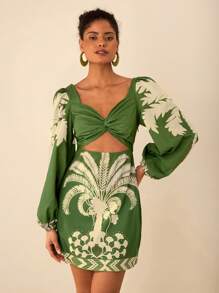 Travachic Women's Floral Print Twist Front Hollow Hem Short Sleeve Casual Mini Dress - Green - View 5