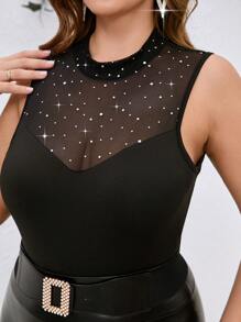 SHEIN Clasi Plus Size Mesh Patchwork Round Neck Sleeveless Bodysuit - Black - View 1