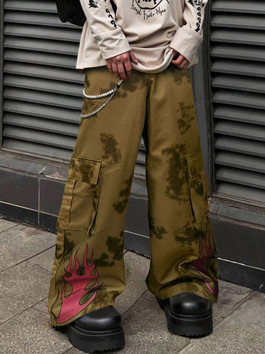 PAVTROS Manfinity Streetrush Men Wear Flame-Printed Trousers At Side Feet, Clothes Suitable For Street - Khaki - View 1