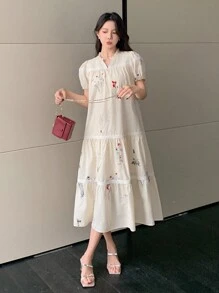 DAZY Vestido casual largo de verano para mujer con estampado floral, escote en V y mangas cortas abullonadas