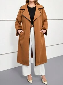 INAWLY Nouvelle veste élégante et décontractée à double face pour l'automne/hiver, manteau long de grande taille pour femmes de couleur chameau avec manches longues, col à volants et bordures contrastées - Camel - Voir 1
