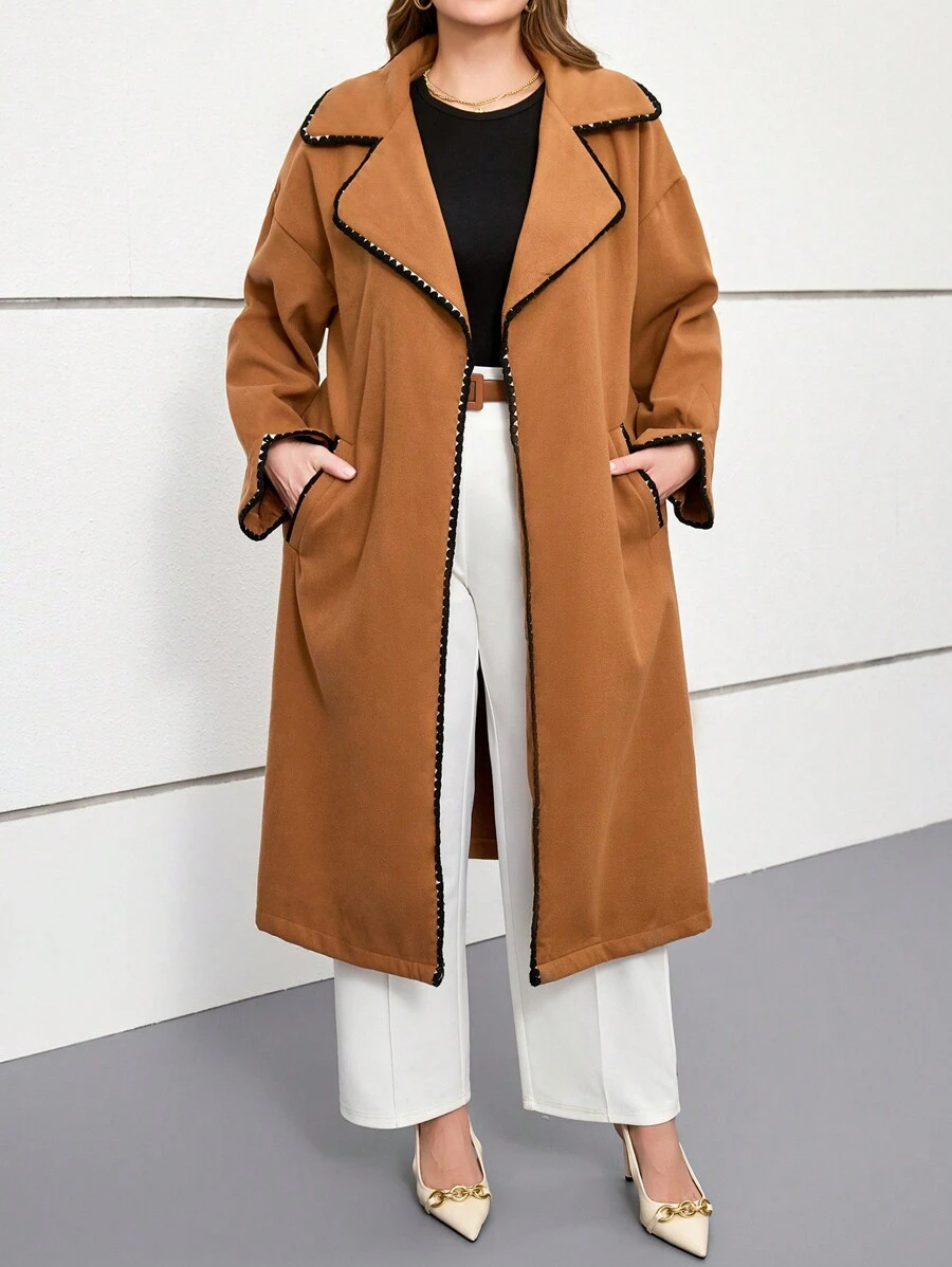 INAWLY Nouvelle veste élégante et décontractée à double face pour l'automne/hiver, manteau long de grande taille pour femmes de couleur chameau avec manches longues, col à volants et bordures contrastées - Camel - Voir 1