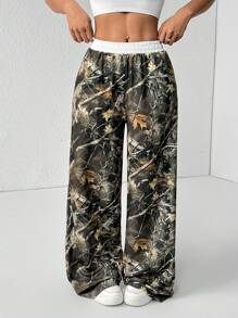 SHEIN PETITE 枯树迷彩印花白色撞色缝线腰带针织女式阔腿长裤和运动裤