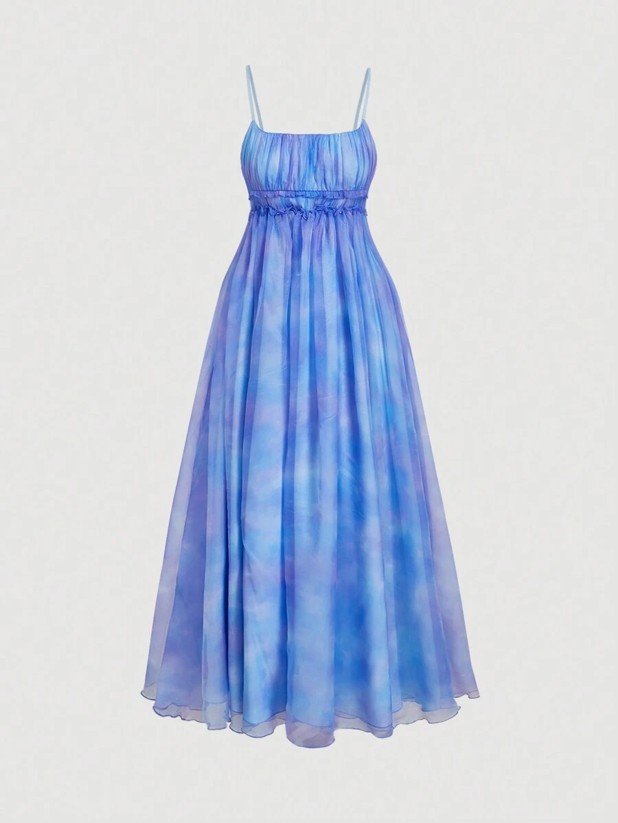 SHEIN MOD 梦幻渐变印花细肩带性感洋娃娃欧根纱长裙 - 彩色 - 查看 1