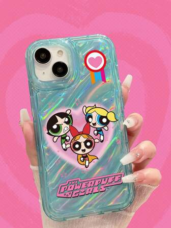 The Powerpuff Girls | ROMWE 1pc Cute Cartoon Pattern Transparent Green Laser Holographic Wave TPU Phone Case Compatible With Iphone And Other Models