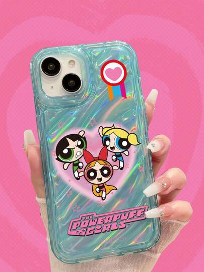 The Powerpuff Girls | ROMWE 1 pezzo Cover telefonica in TPU con grafica a onde olografiche verdi in stile cartone animato, trasparente, compatibile con iPhone e altri modelli