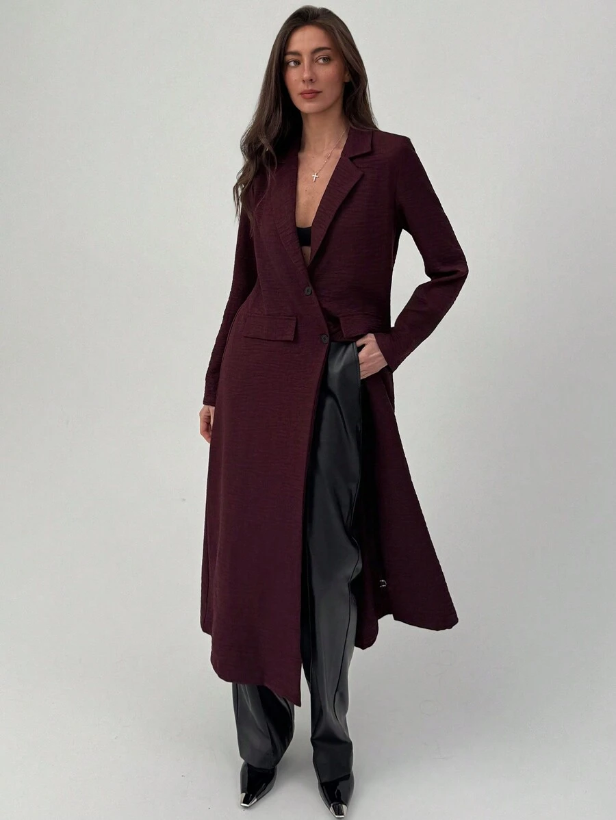 Aloruh Chaqueta larga casual de un solo pecho con cuello vuelto de color liso para mujer, para otoño - Gris - Ver 1