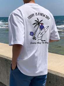 DAZY White Summer Beach & Surf Print Casual T-Shirt For Men,Graphic Tees