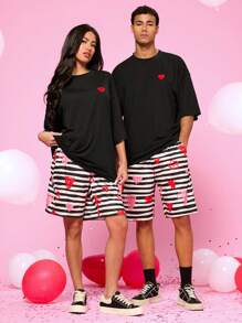 Manfinity VCAY 2pcs Casual Knit Loose Drop Shoulder Round Neck Heart Embroidered T-Shirt And Striped Heart Flower Print Loose Shorts Set - Multicolor - View 6