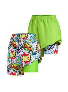SHEIN Leap Crew 2pcs/Set Tween Boy Casual Street Fashion Graffiti Letter Full Print Mesh Lining Loose Swim Trunks - Multicolor - View 1