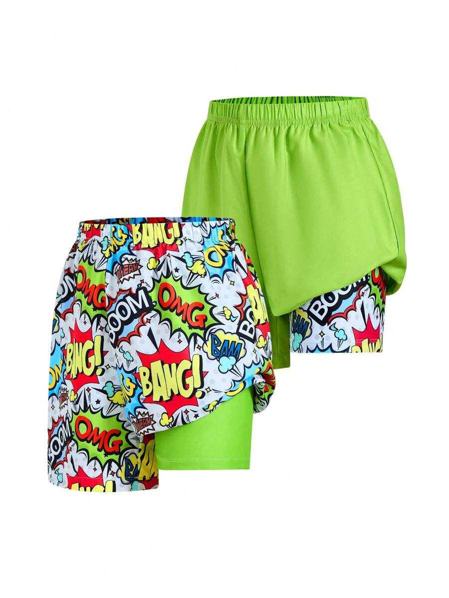 SHEIN Leap Crew 2pcs/Set Tween Boy Casual Street Fashion Graffiti Letter Full Print Mesh Lining Loose Swim Trunks - Multicolor - View 1