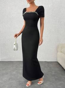 EURMUSE Elegant Style, Square Neck With Faux Diamond Detailed Long Black Dress - Black - View 1