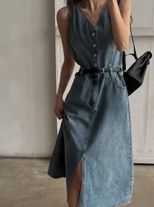 DAZY Women Casual Denim Dress, Minimalist And Fashionable For Everyday Wear Sundress - Blue - View 4