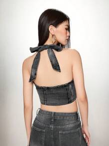 SHEIN EZwear 時尚街頭女款牛仔彎頸上衣,具有彈性 - 黑色 - 查看 2